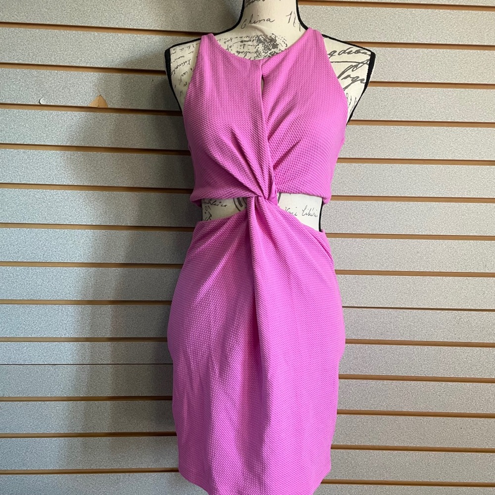 Hot Pink Twist Cutout Bodycon Dress Halter Neck Sleeveless Mini‎ Dress Small